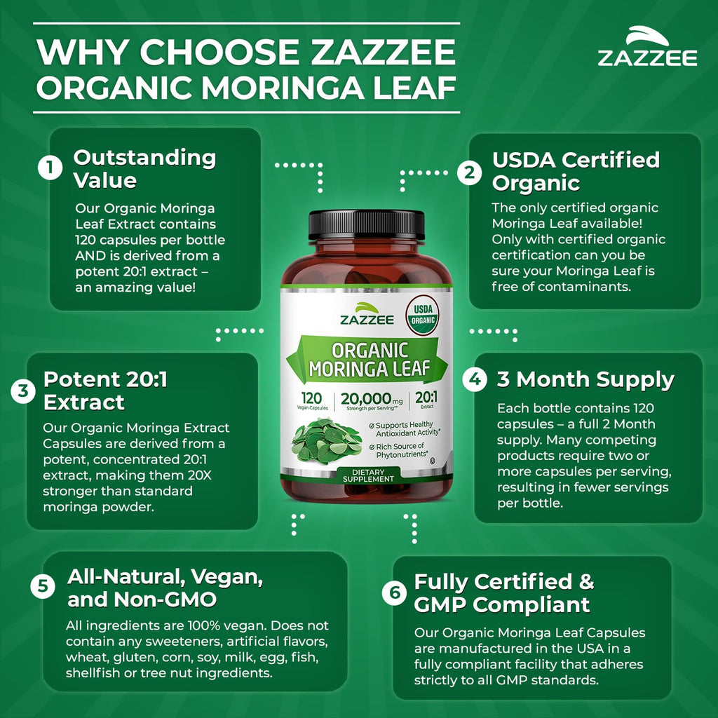 Zazzee USDA Organic Moringa Leaf 20:1 Extract, 180 Vegan Capsules, 3 Month Supply, Certified Kosher, Moringa Oleifera, Antioxidant, Immune & Cellular Support, Superfood Supplement, Made in the USA