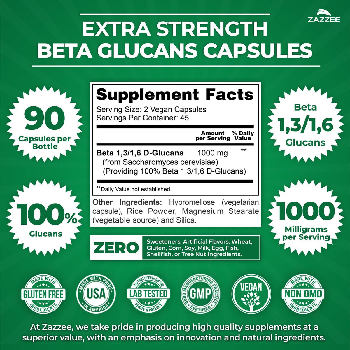 Zazzee Extra Strength 1,3/1,6 Beta Glucans, 1000 mg, 100% Concentrated, 90 Vegan Capsules, Supports a Healthy Immune System, 100% Vegetarian, All-Natural and Non-GMO