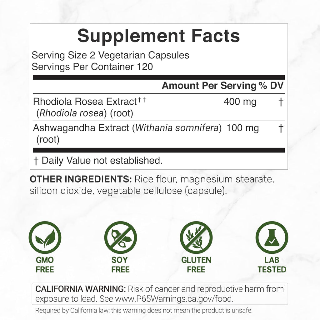 DEAL SUPPLEMENT Rhodiola Rosea with Ashwagandha, 240 Veggie Capsules – Rhodiola Rosea Supplement – Rhodiola & Ashwagandha Blend – Non-GMO