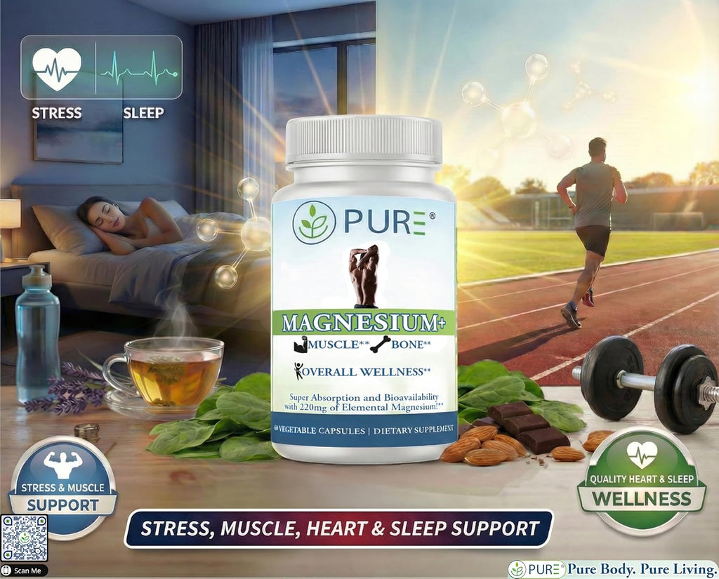 PURE® Magnesium+ High Absorption Supplement - 220mg Elemental Magnesium Bisglycinate Complex - 60 Capsules, 30 Servings - Vitamin B6 & BioPerine® for Maximum Uptake - Muscle, Sleep & Nerve Support