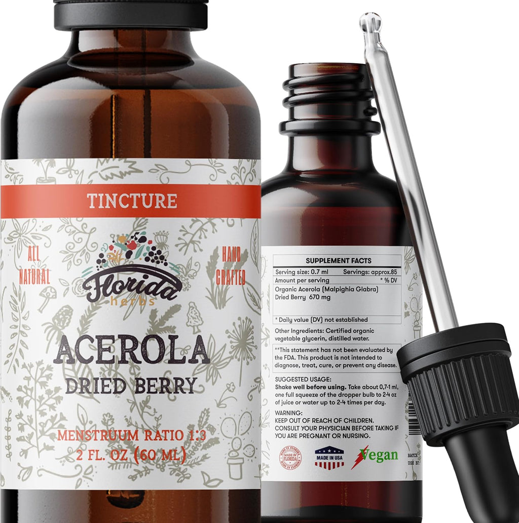 Acerola Tincture (Vitamin C), Organic Acerola Extract (Malpighia Glabra) Dried Berry for Blood, Heart, Arteries, Non-GMO in Cold-Pressed Organic Vegetable Glycerin, Florida Herbs Supplements