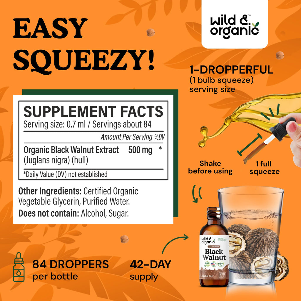 Wild & Organic Black Walnut Hull Tincture - Cleanse & Gut Support - Black Walnut Extract Supplement - Fast Absorption Liquid Drops - Add to Tea & Mix with Powder - Without Alcohol & Sugar - 4 fl oz