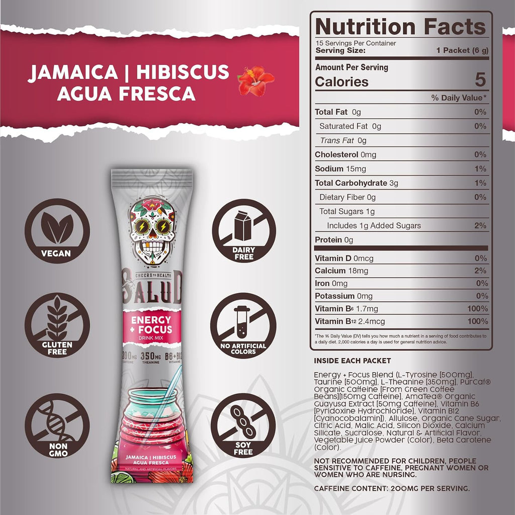 Salud 2-in-1 Energy + Focus Drink Mix, Hibiscus | Organic Caffeine, B6 + B12, Theanine, Clean Energy Packets, Agua Fresca Mix, Non-GMO, Gluten Free, 1g of Sugar (15 Servings)