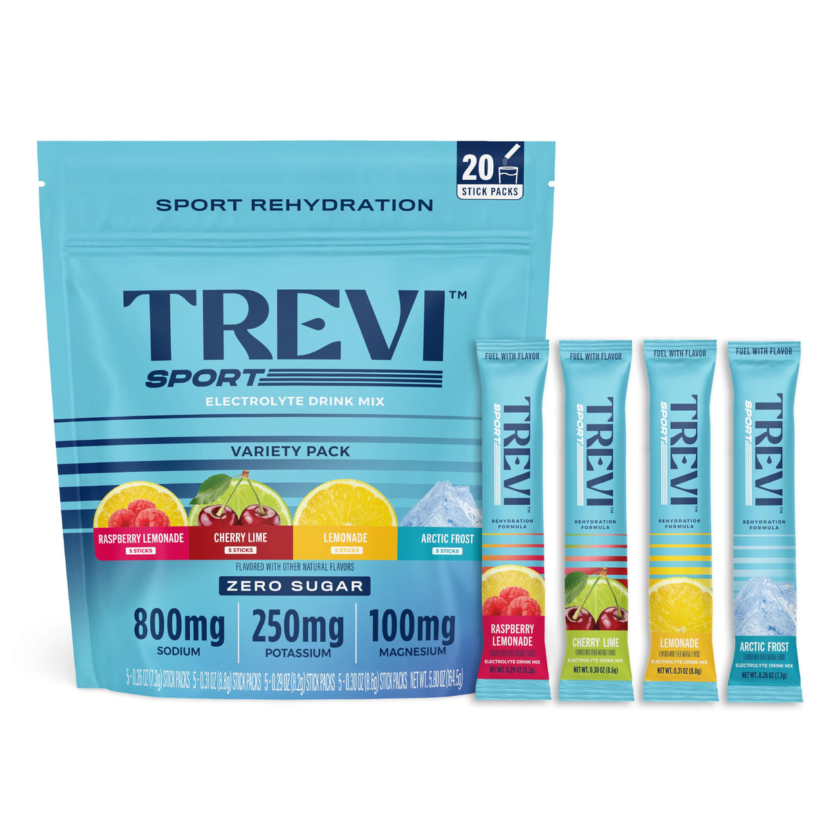 TREVI™ Sport Electrolytes Powder Packets Sugar Free - 800mg Sodium - 250mg Potassium - 100mg Magnesium - Water Drink Mix Rehydration Essentials - 20 Count - Variety Pack