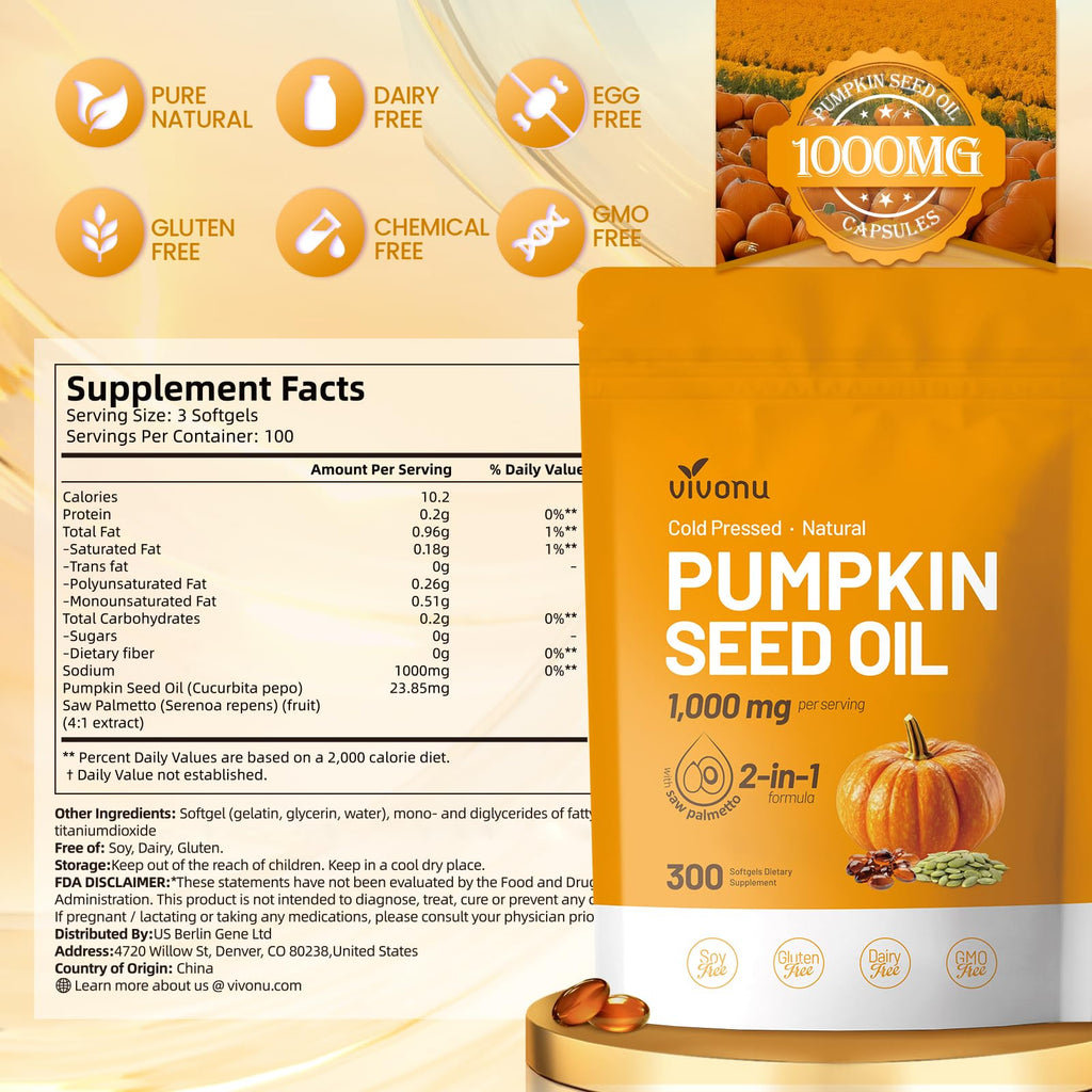 VivoNu Pumpkin Seed Oil with Saw Palmetto Capsules | Cold Pressed, Pure Virgin Oil, Essential Fatty Acids & Phytosterols | 300 SoftgelsSupports Hair, Urinary, Bladder & Prostate Health | Non-GMO