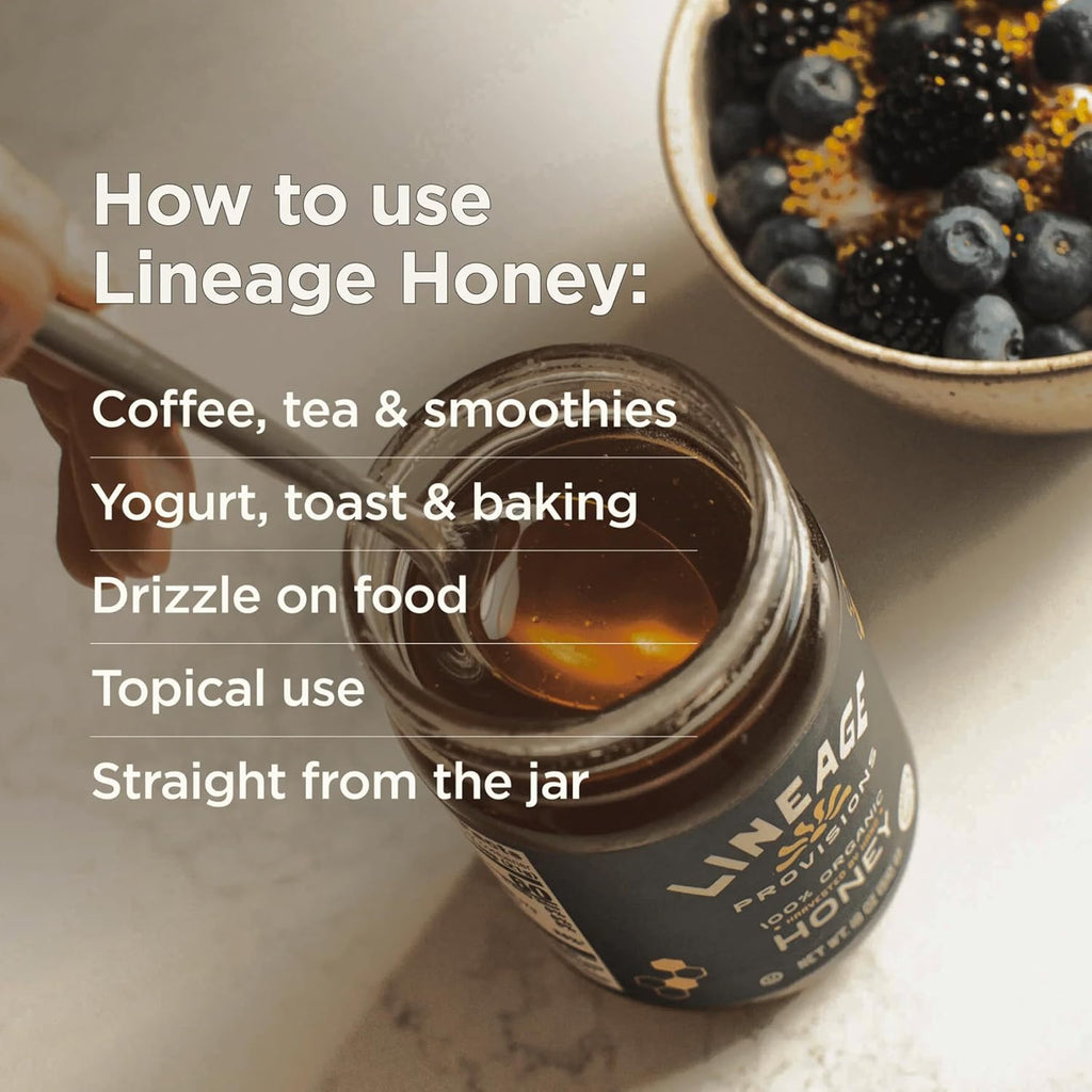 Lineage Provisions Raw Unfiltered Honey, 3-Pack, 18 oz Glass Jars | Undetectable glyphosate, chemical-free, gluten-free & non-GMO. No heating, processing, straining or additives.