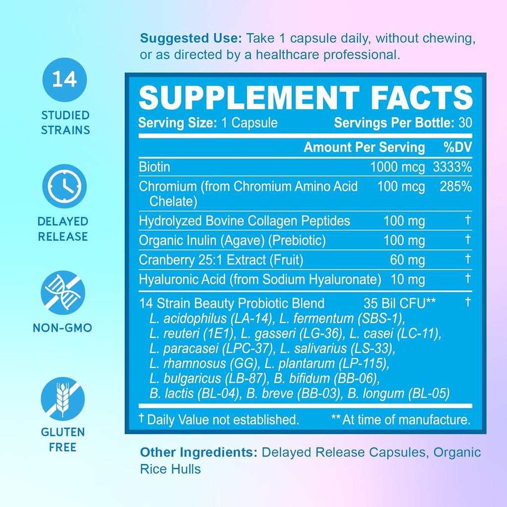 BioEmblem Women's Triple Magnesium Complex Beauty Probiotics - 120 Piece Assortment - Unflavored
