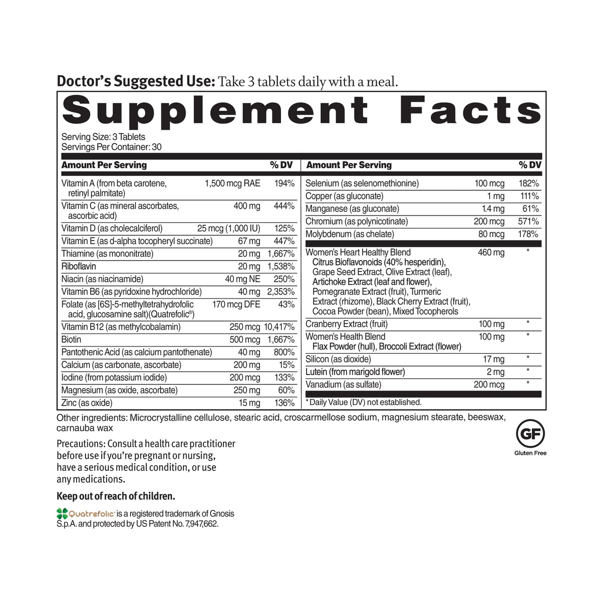 Dr. Sinatra Heart Healthy Multivitamin for Women with Vitamin D 1000 IU, A, B12, C, E, Biotin, Folate, and Zinc, 90 Tablets (30-Day Supply)