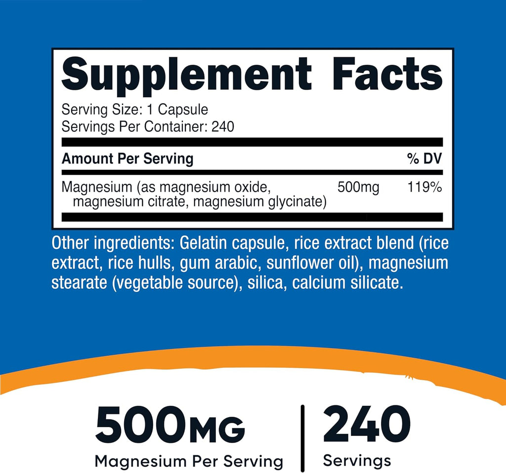 Nutricost Magnesium Complex Extra Strength 500mg, 240 Capsules, Gluten Free | Magnesium Oxide, Citrate, and Glycinate, GMO-Free
