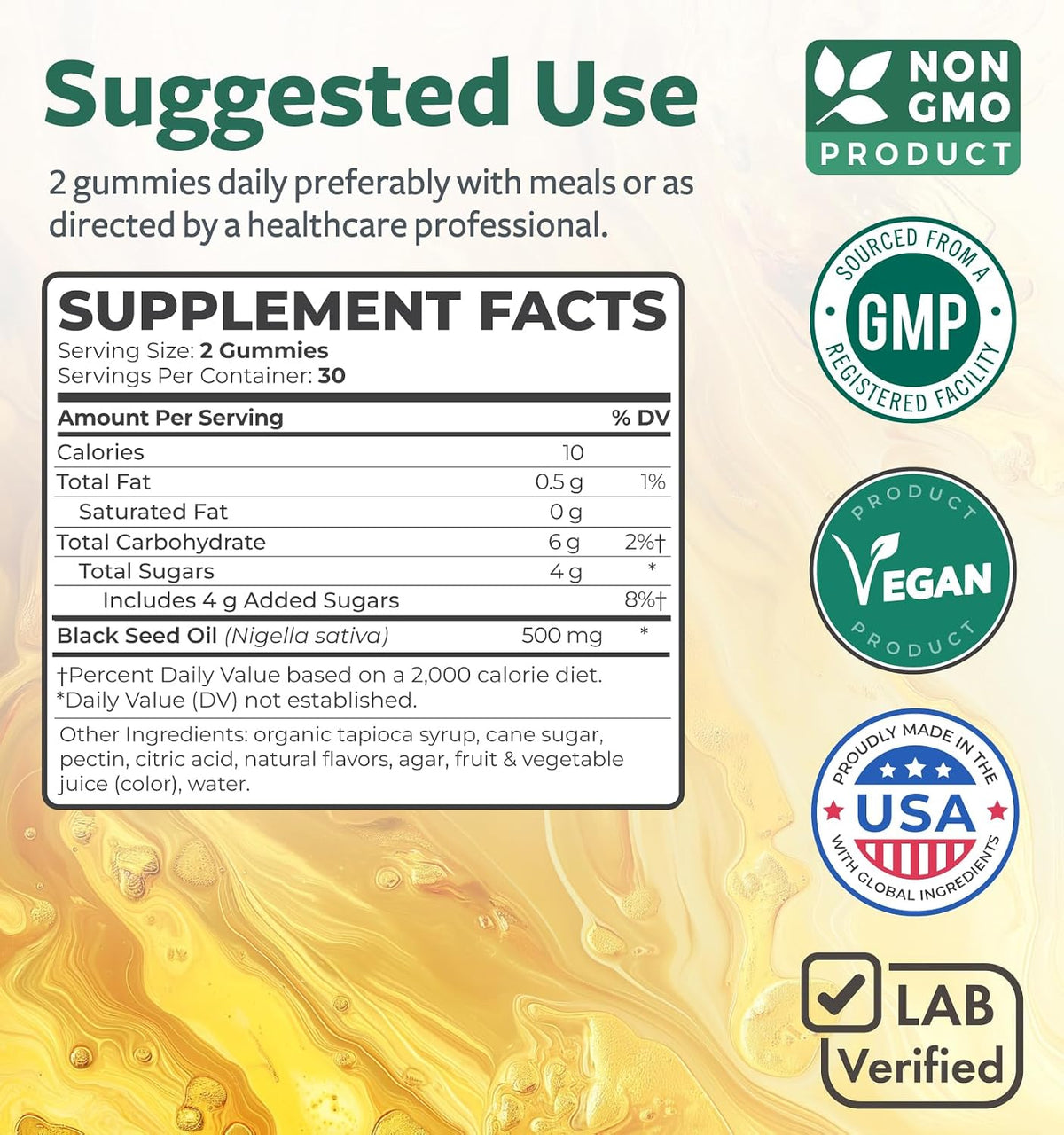 Black Seed Oil Gummies - Natural Ginger Ale Flavor (Non-GMO & Vegan) Cold-Pressed Nigella Sativa Producing Pure Black Cumin Seed Oil - 500mg Per 2 Gummy Serving