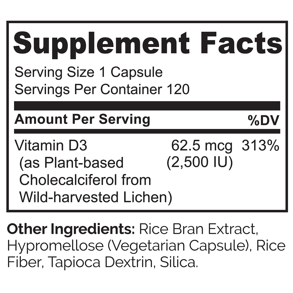 NATURELO Vitamin D - 2500 IU - Plant Based from Lichen - Natural D3 Supplement for Immune System, Bone Support, Joint Health - Vegan - Non-GMO - Gluten Free - 180 Capsules