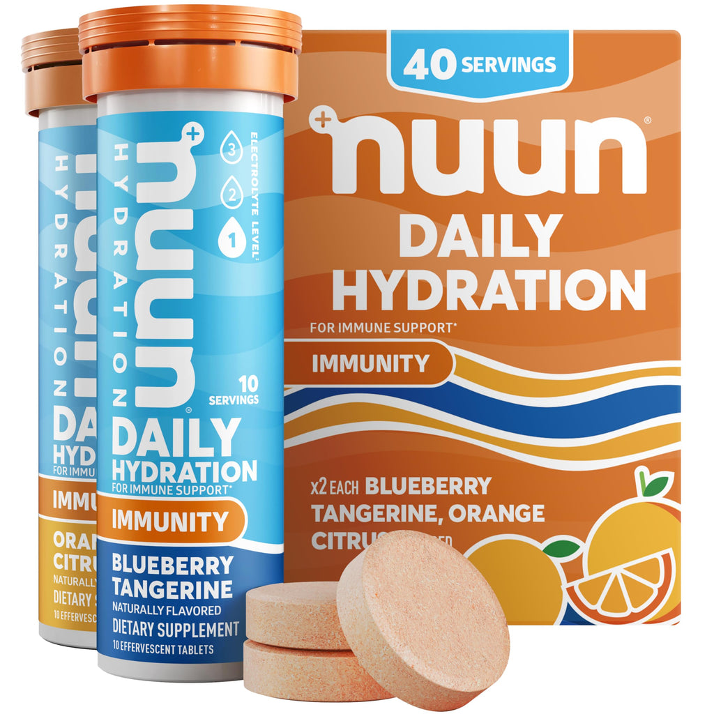 Nuun Immunity Electrolyte Tablets with Vitamin D, C, E, & A, Ginger, Elderberry, Magnesium & 4 Other Essential Electrolytes, Vegan, Blueberry Tangerine & Orange Citrus, 4 Pack (40 Servings Total)