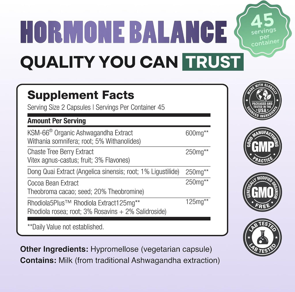 Hormone Balance for Women - Natural Mood Supplement - PMS Relief and Menopause Support | Featuring Clinically Studied KSM-66 Ashwagandha (90 Capsules)