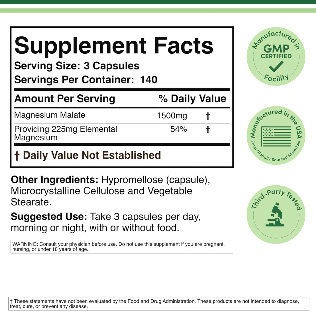Magnesium Malate Capsules (420 Count) - 1,500mg Per Serving (Magnesium Bonded to Malic Acid), Third Party Tested, Vegan Friendly, Gluten Free by Double Wood Supplements