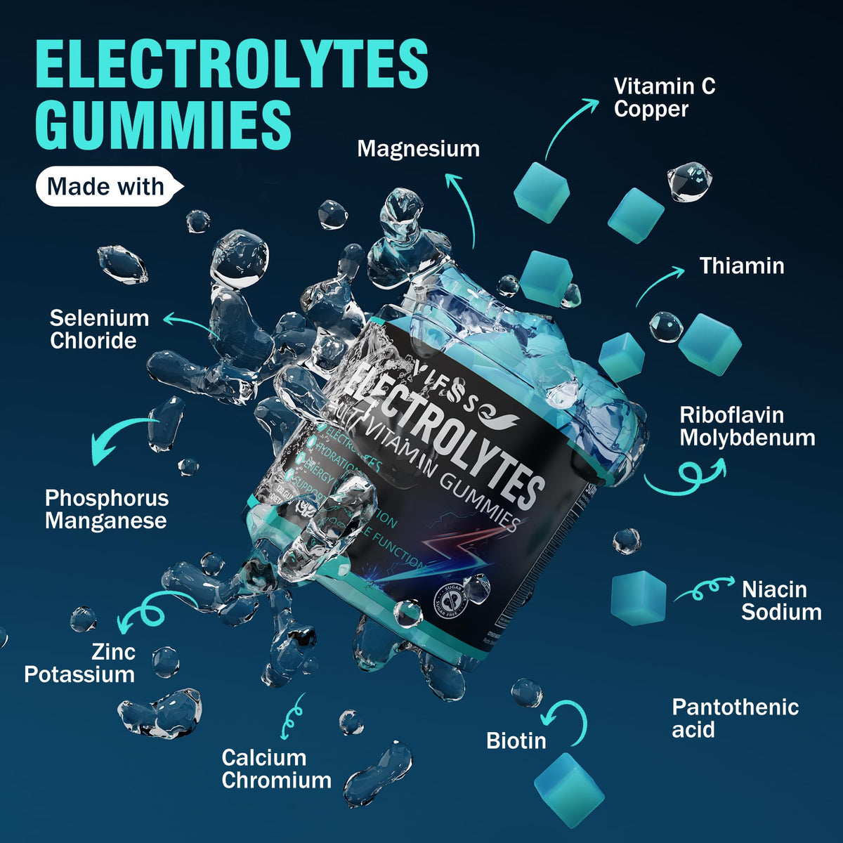 VIFSSG Electrolytes Gummies No Sugar, 120 Chewable Electrolyte Gummies with 6 Electrolytes for Runners and Endurance Sports, Refreshing Blue Raspberry, Hydration Electrolyte Chews, 1 Pack