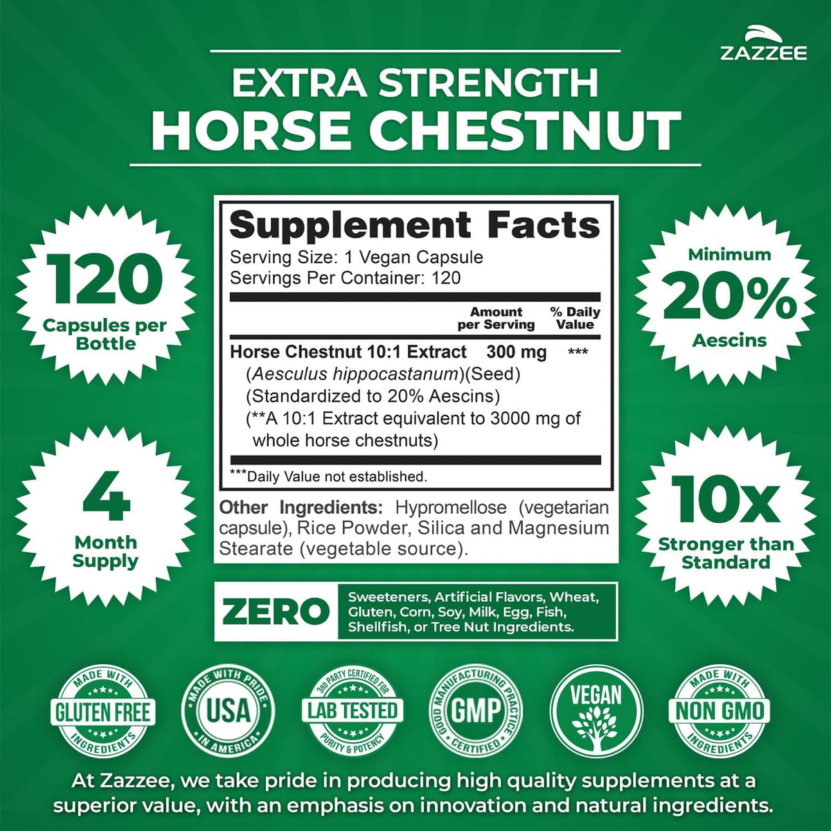 Zazzee Extra Strength Horse Chestnut 10:1 Extract, 20% Aescins, 120 Vegan Capsules, 4 Month Supply, Aesculus Hippocastanum, Healthy Circulation & Blood Flow Support, Non-GMO, Made in the USA