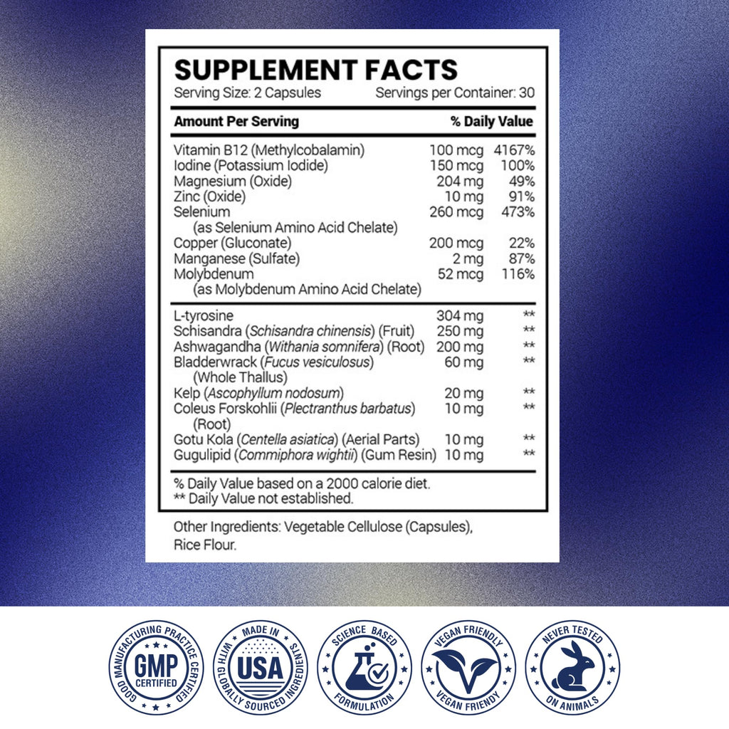 Research Verified® Thyroid Aid - Optimal Thyroid Function with Iodine Copper & Zinc - 260 mcg Selenium - 100% Pure - Vegan Friendly - 60 Capsules - 1 Month Supply