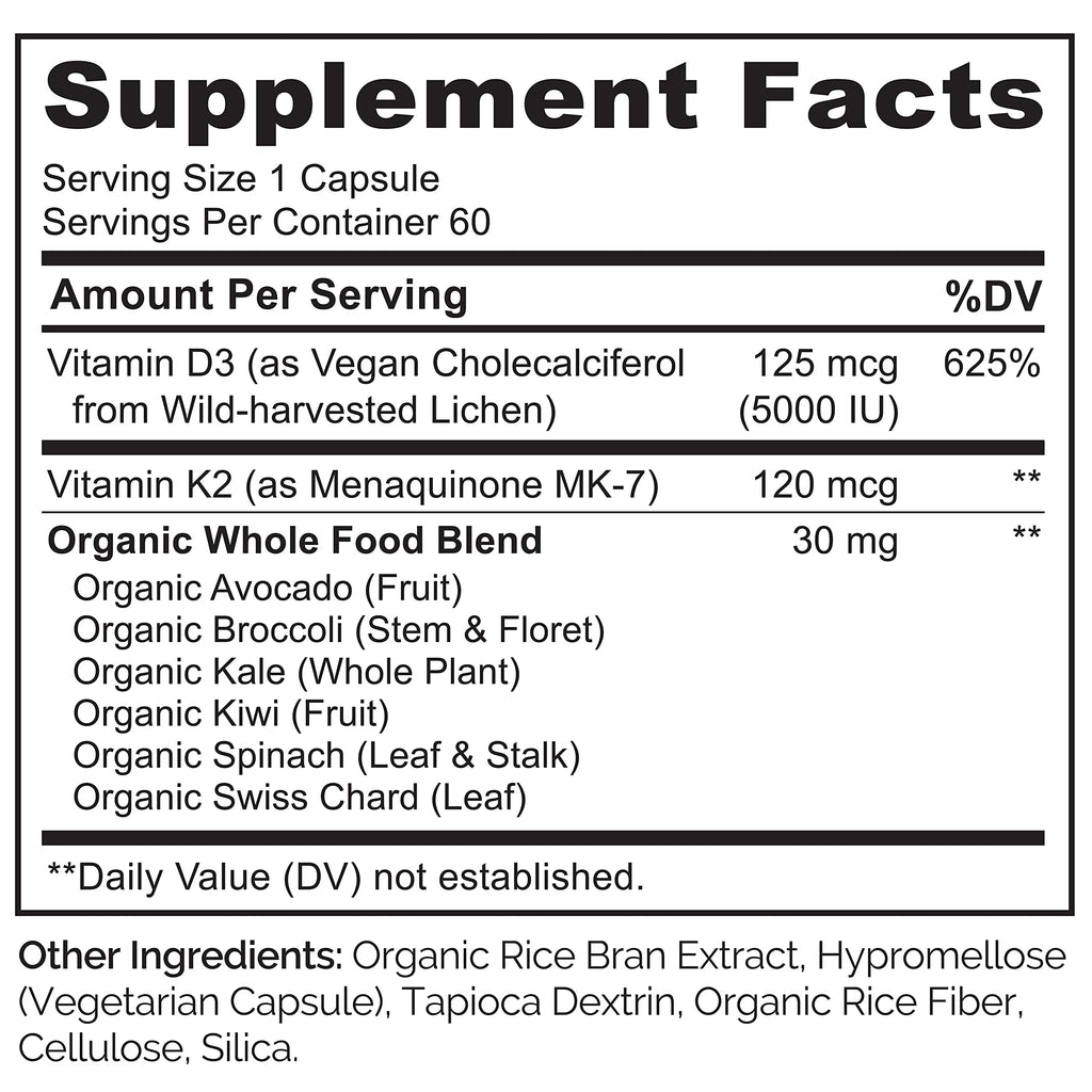 NATURELO Vitamin D3 K2 - Vegan with Plant Based D3 from Lichen - Natural Supplement for Immune System, Bone Support, Heart Health - Whole Food - Non-GMO - Gluten Free, 60 Capsules