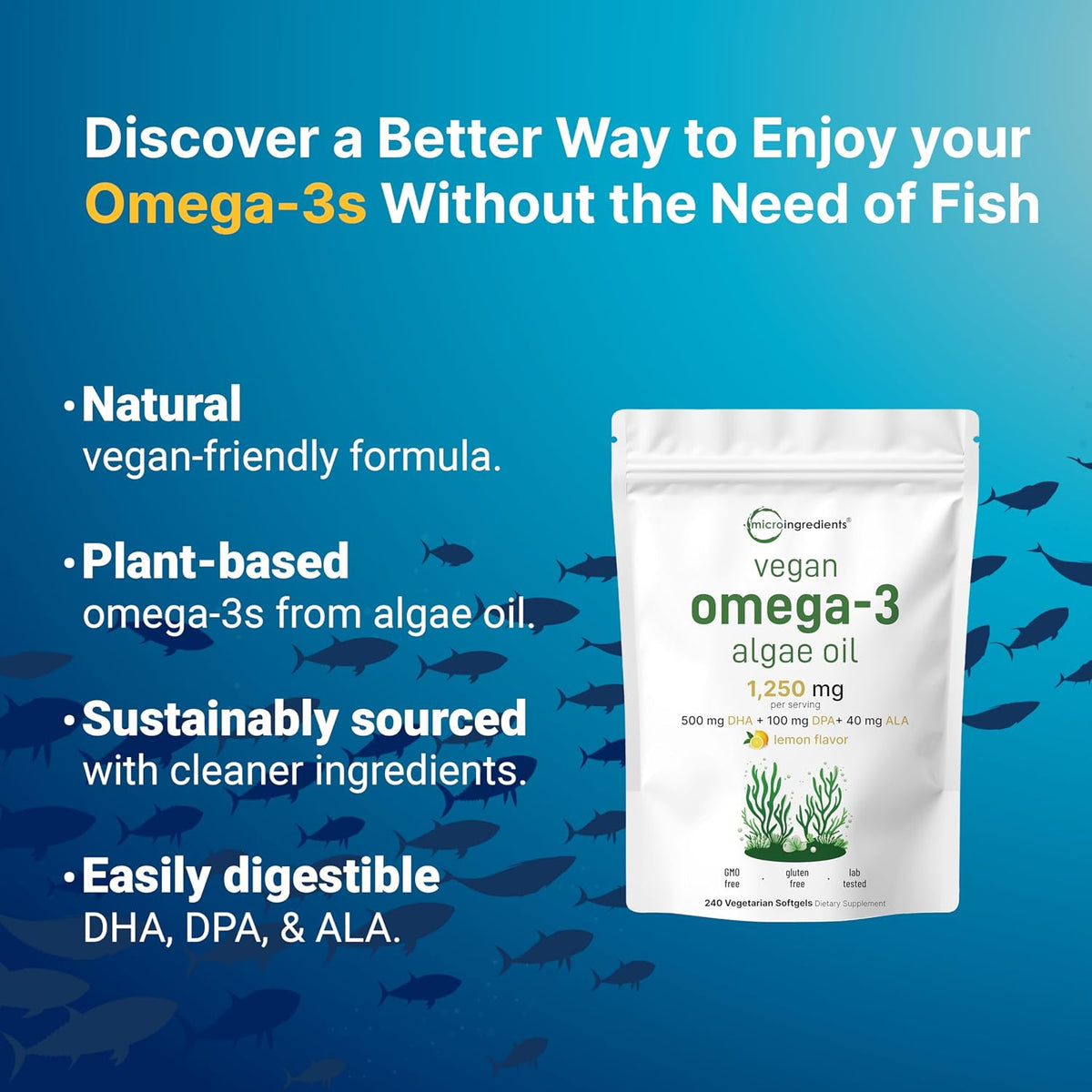 Micro Ingredients Vegan Omega 3 Algae Oil, 240 Veggie Softgels | Fish Oil Alternative | DHA 500mg & DPA 100mg | Carrageenan Free | Plant-Based Omega 3 with Flaxseed & ALA | Lemon Flavored