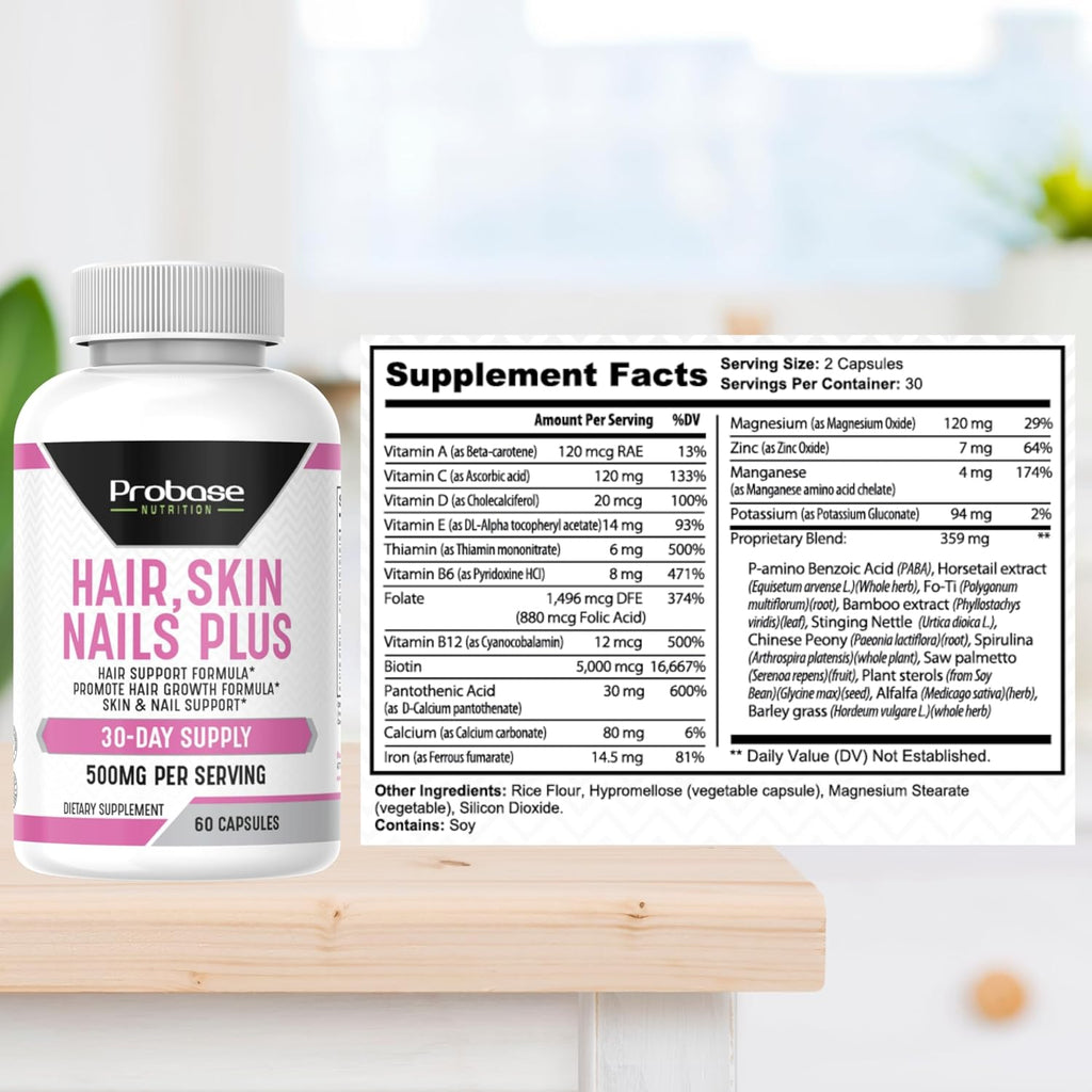 Probase Nutrition Hair, Skin and Nails Plus 60 Capsules 30-Day Supply