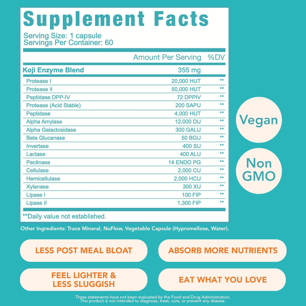 Let Loose Koji Digestive Enzymes Supplement for Bloating Relief (60 Count) | Supplement for Women & Men, Nutrient Absorption & Gut Health Support, Breaks Down Protein, Carbs & Fats, 16-Enzyme Complex