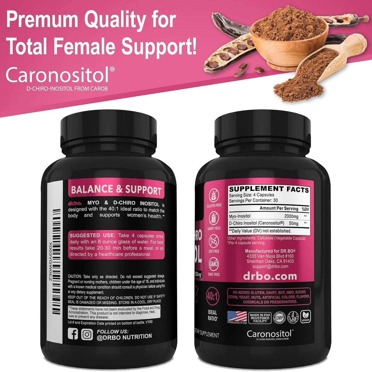 Myo-Inositol & D-Chiro Inositol Supplement Capsules - 40:1 Ratio Inositol Supplement for Women 2050mg with Vitamin B8 Pills - Natural Supplements for Female Women Support & Womens Health 120 Capsules