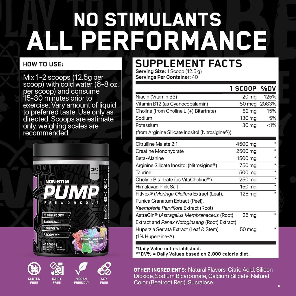 All Black Everything Non Stim Pre-Workout | Preworkout Energy Drink Mix | Caffeine Free | Creatine, Beta Alanine & Citrulline | Energy Supplement for Men & Women | Sour Gummy Bear | 40 Servings