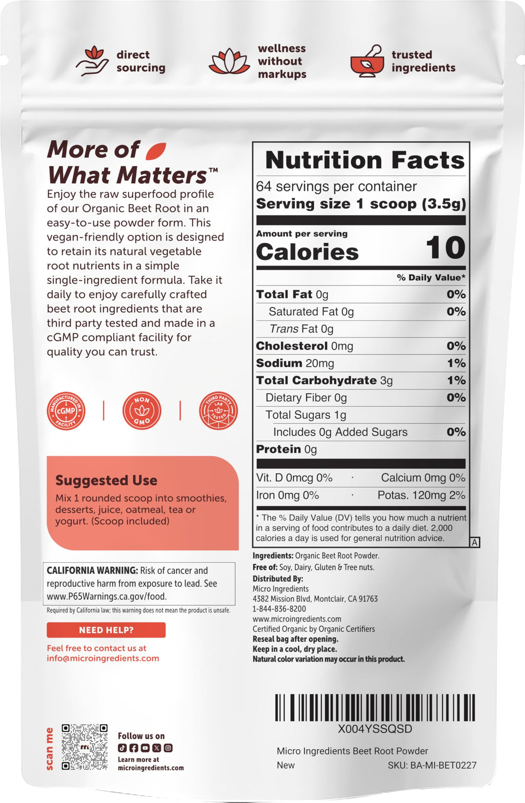Micro Ingredients Organic Beet Root Powder, 4lb (64 oz) | Nitric Oxide Supplement, Water Soluble, Highly Concentrated Raw Beet Supplement, Superfood Drink Mix, Non-GMO, Plant Based