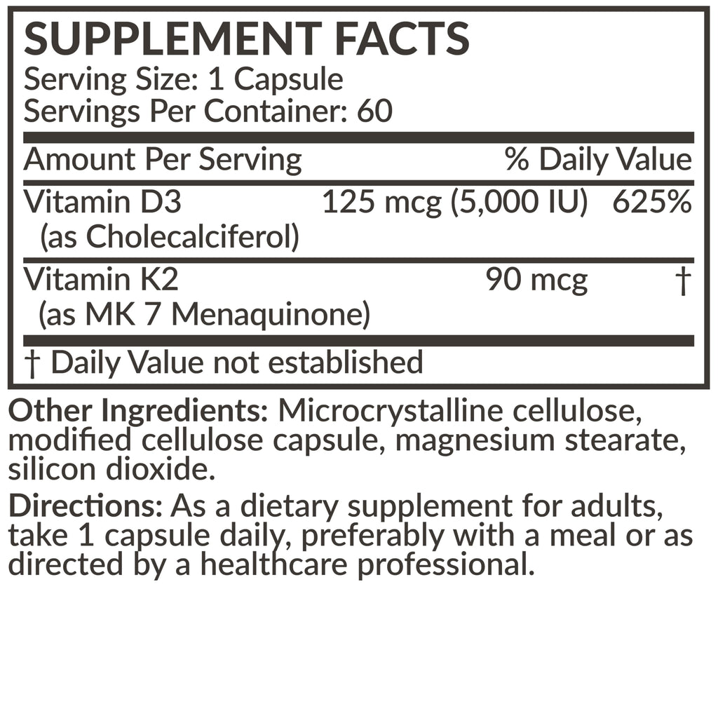 Futurebiotics Vitamin K2 (MK7) with D3 Supplement - Non-GMO Formula - 5000 IU Vitamin D3 & 90 mcg Vitamin K2 MK-7, 120 Vegetarian Capsules