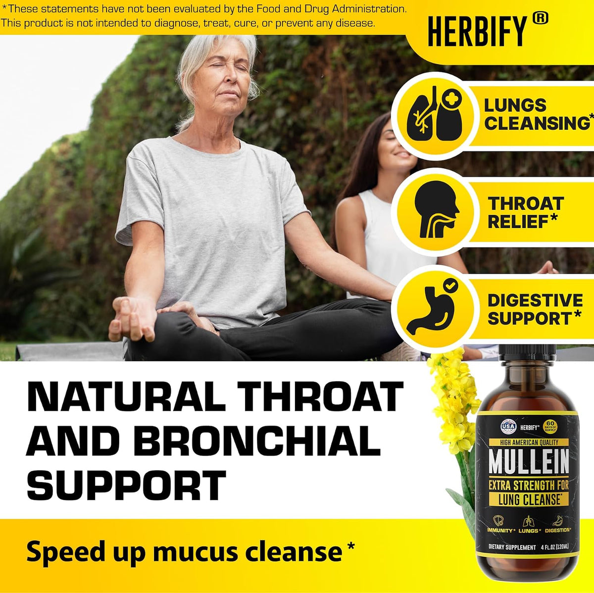 HERBIFY Bundle Lions Mane Capsules & Mullein Drops - Daily Supplement for Memory, Focus, Clarity & Powerful Lung Cleanse Support