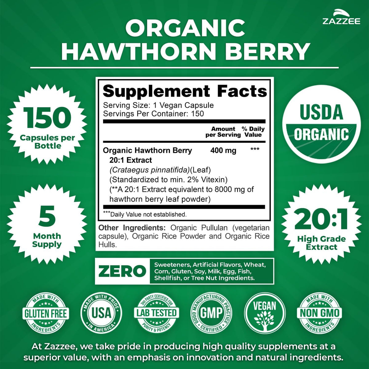 Zazzee USDA Organic Hawthorn Berry 20:1 Extract, 2% Vitexin, 150 Capsules | 5 Month Supply, Vegan, Crataegus Pinnatifida, Antioxidant & Circulation Support, Herbal Supplement, Non-GMO, Made in the USA