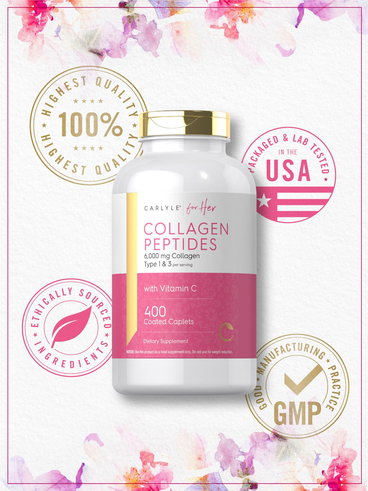 Carlyle Collagen Peptides 6000mg | 400 Caplets | with Vitamin C | Type 1 and 3 | Non-GMO, Gluten Free, Grass Fed Supplement