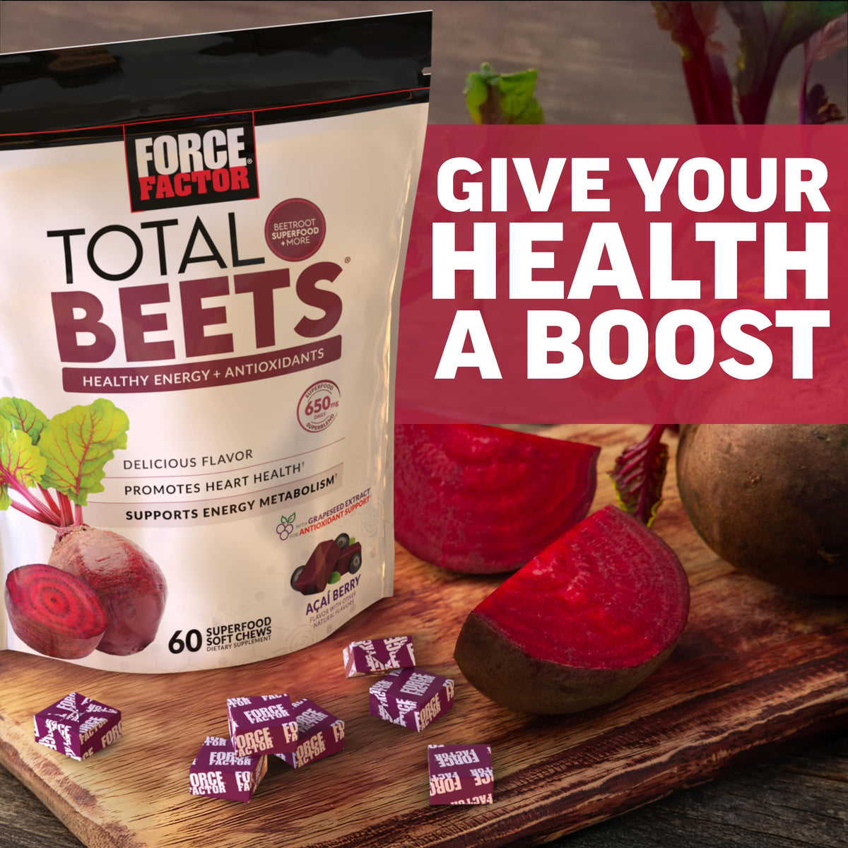Force Factor Total Beets Soft Chews Heart Health Superfood with Beetroot | with Beet Root Powder & B Vitamins to Support Nitric Oxide, Healthy Energy Supplement, 60 Chews