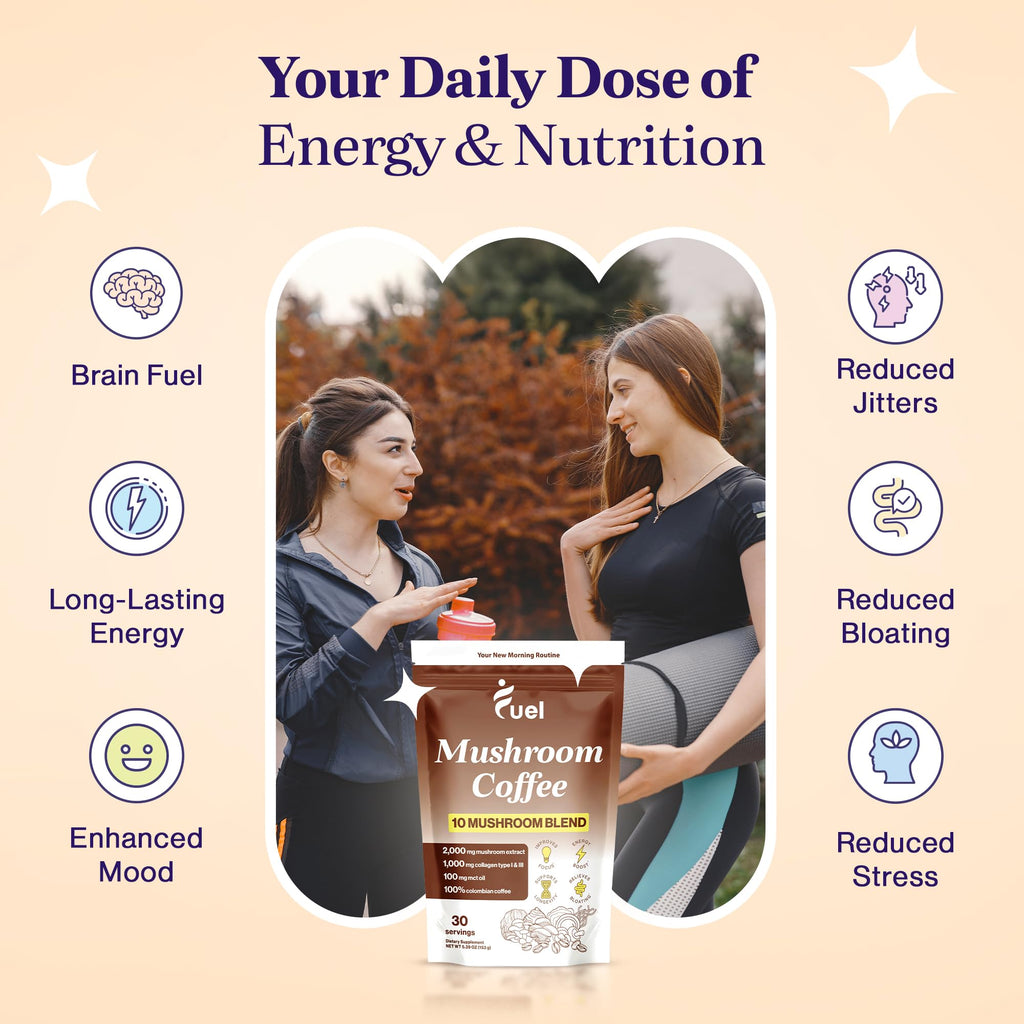 Fuel Brain Boost Mushroom Coffee Nutrition, Organic Blend for Gut Health, Lion's Mane Powder, Chaga & Mushroom Powder Low Caffeine Instant Coffee, Nootropics Drink, 30 Servings