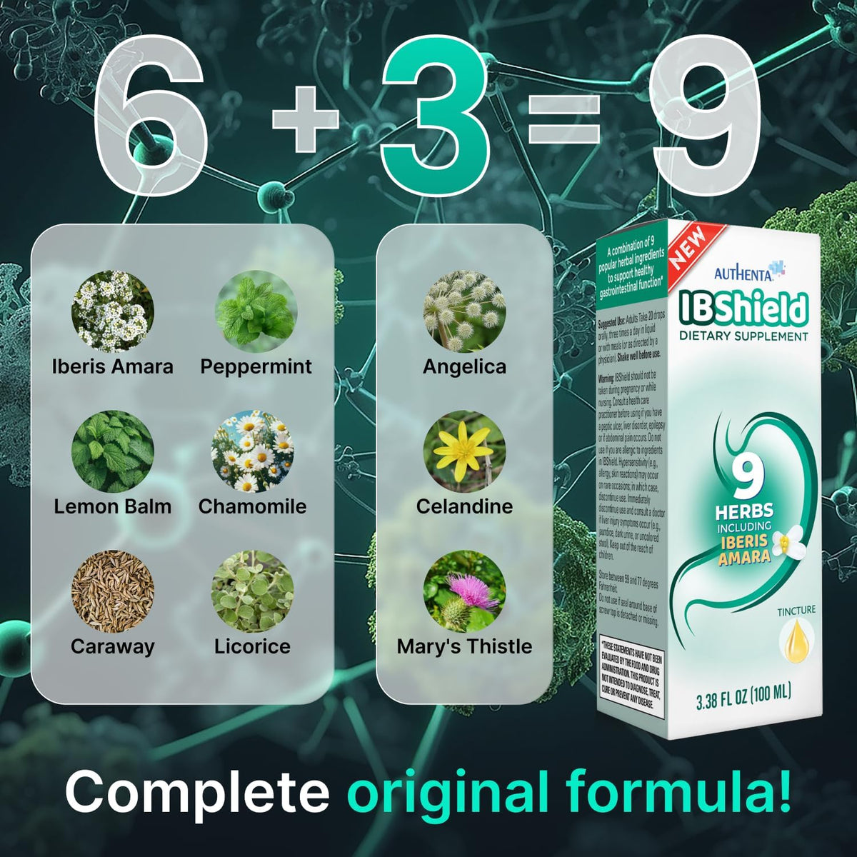 IBShield Tincture 100ml | 6+3=9 Herbs | Iberis Amara, Peppermint, Chamomile, Lemon Balm, Caraway, Licorice, Angelica, Celandine & Mary's Thistle | Original Herbal Formula Supports Digestive Wellness