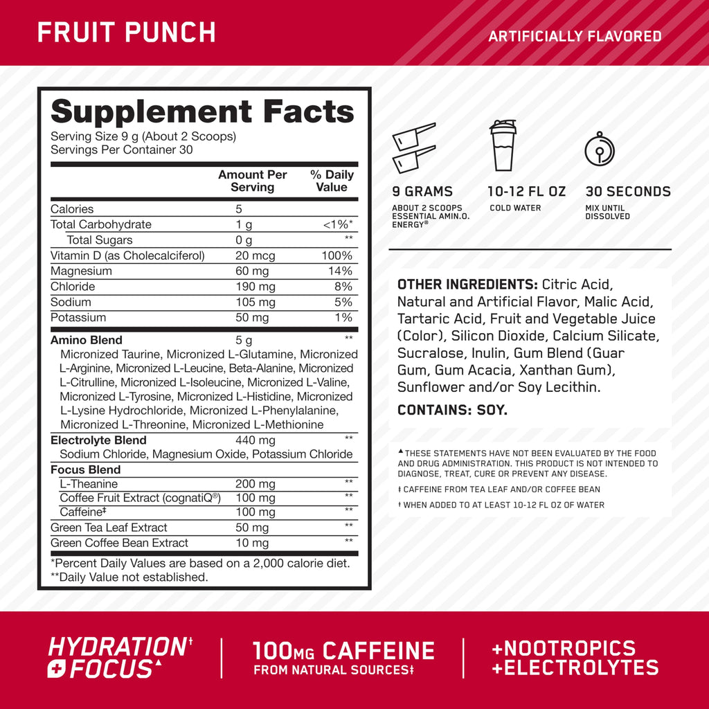Optimum Nutrition, Amino Energy Powder Plus Focus, with Bcaa, Electrolytes, and Caffeine, Watermelon, 30 Servings | Contains BCAAs, Electrolytes, 100 mg Caffeine, 5g Amino Acids, Zero Sugar, Supports Hydration, Banned Substance Tested
