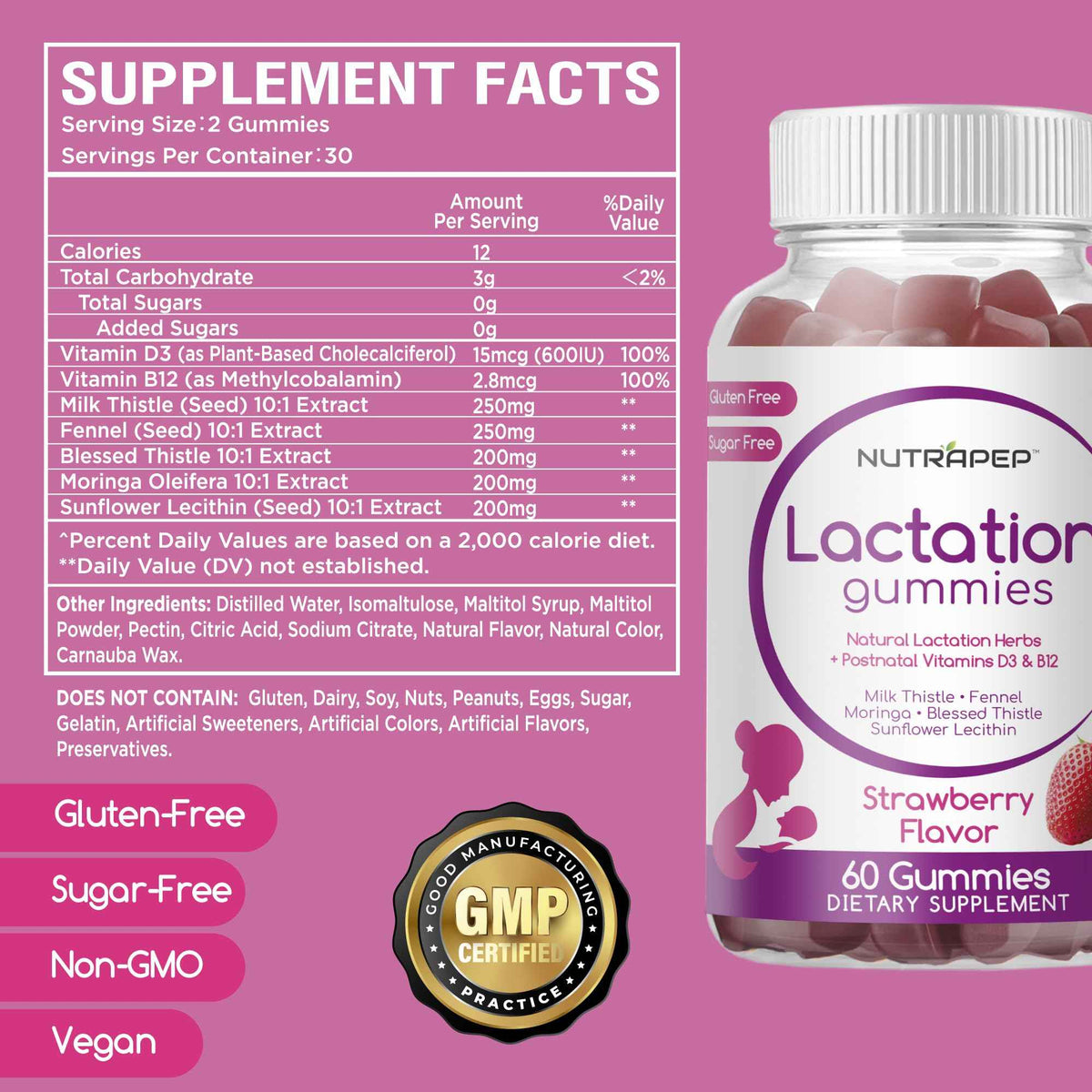 NutraPep Lactation and Postnatal Support Gummies - Milk Production Supply Increase Supplements for Breastfeeding Women - with Vitamins D3 B12 Milk Thistle Fennel