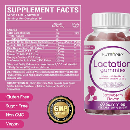 NutraPep Lactation and Postnatal Support Gummies - Milk Production Supply Increase Supplements for Breastfeeding Women - with Vitamins D3 B12 Milk Thistle Fennel