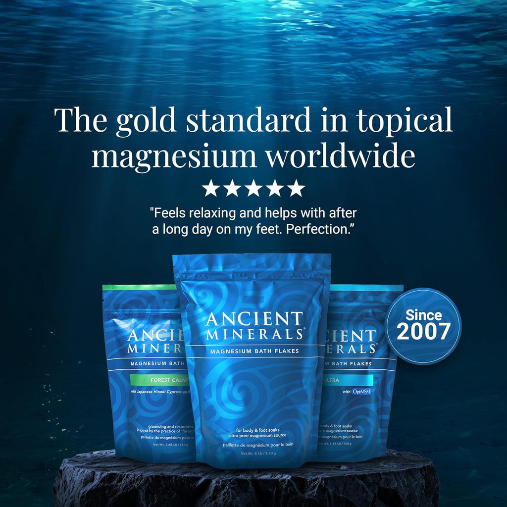 Ancient Minerals Magnesium Bath Flakes Ultra with MSM, Zechstein, 1.65lb | Zechstein magnesium chloride + OptiMSM organic sulfur bath salts. Soothing mineral soak for skin & body. 1.65 lb.