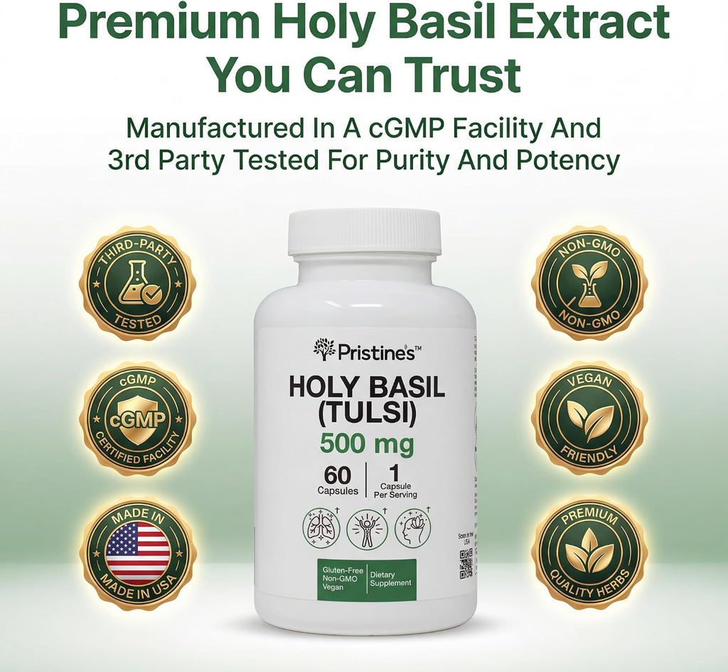 PRISTINE'S Holy Basil Tulsi 500mg Adaptogen Capsules, Vegan, 60 Day Supply | Calm and relaxation support in a simple Tulsi (holy basil) capsule routine. 60 day supply, vegan, non-GMO, gluten-free