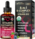 USDA Organic Vitamin B-Complex B5 Pantothenic Acid | B12 Methylcobalamin | B1 Thiamine | B6 Pyridoxine | B7 Biotin | B9 Folic | B3 Niacinamide - B Complex Liquid Drops, Natural Berry Flavor, 2fl oz