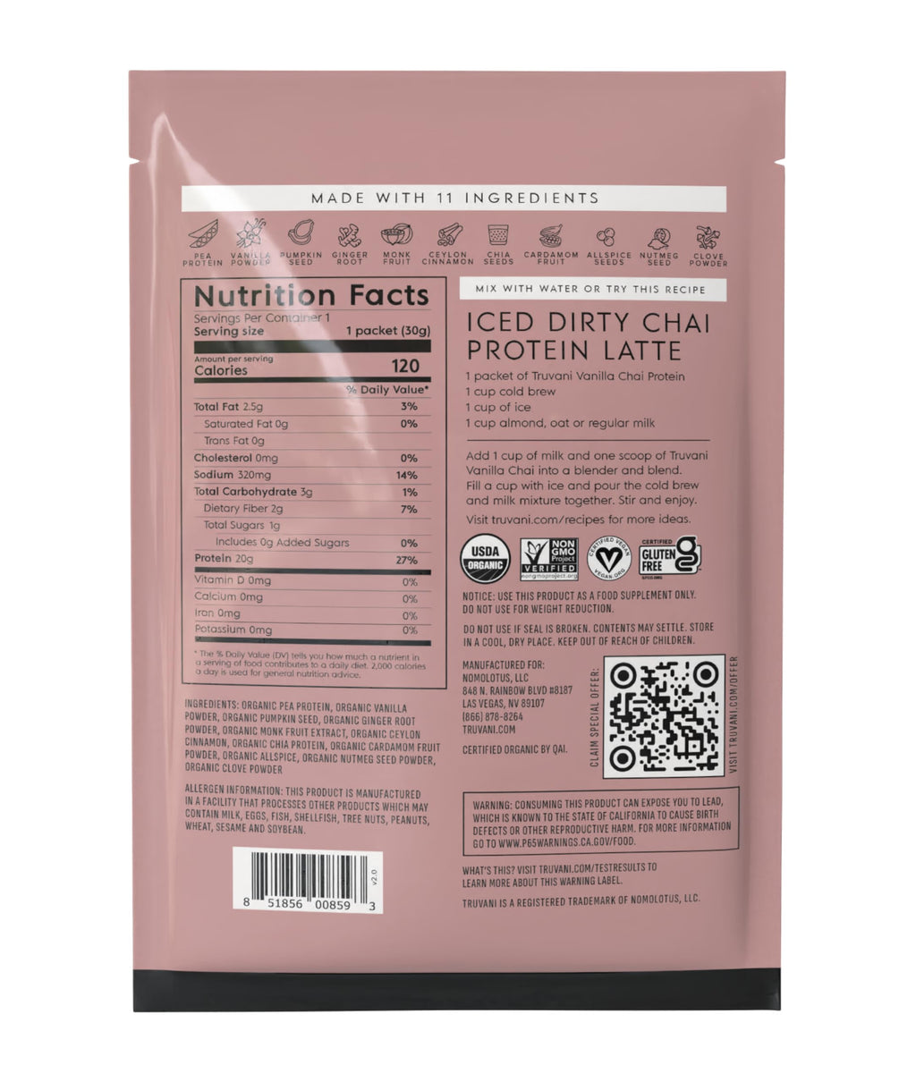 Truvani Organic Plant Based Protein Powder | Vanilla | 1 Serving | Vegan | 20g Pea Protein | Keto | Gluten & Dairy Free | Low Carb | No Added Sugar