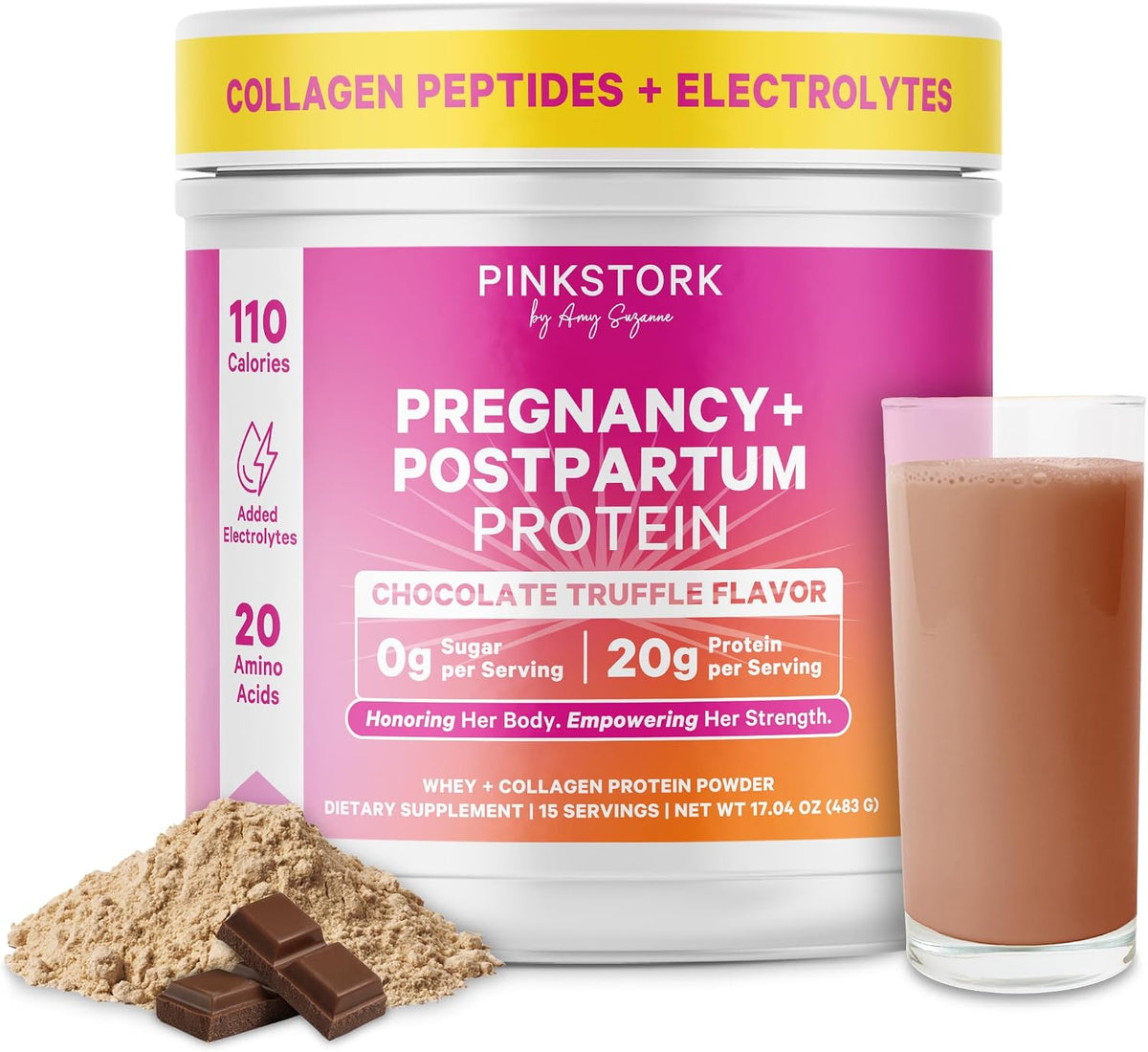Pink Stork Pregnancy & Postpartum Protein Powder for Women, 20g Whey & Collagen, Prenatal & Breastfeeding Protein Shake Mix for Energy, Recovery & Hydration, Chocolate, 15 Servings