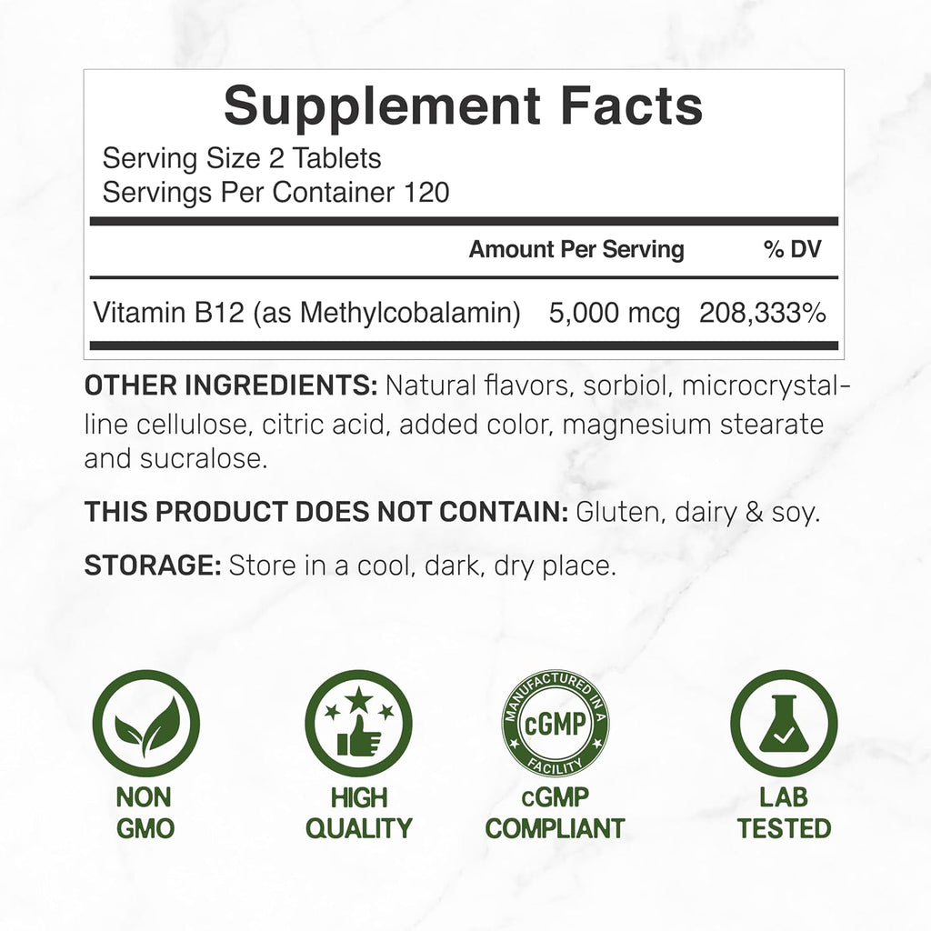 DEAL SUPPLEMENT Methyl B-12 Vitamins 5000 mcg Per Serving, 240 Tablets | Active Form - Strawberry Flavored - Vitamin B12 Supplement for Women & Men - GMO Free & Gluten Free