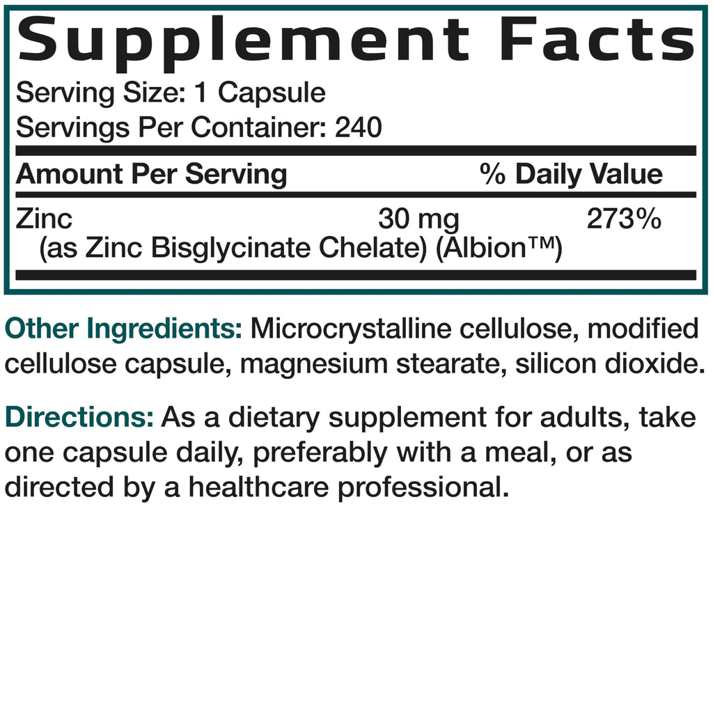 Bronson Zinc Glycinate 30mg Chelated Superior Absorption 100% Chelated Formula Non-GMO, 120 Vegetarian Capsules