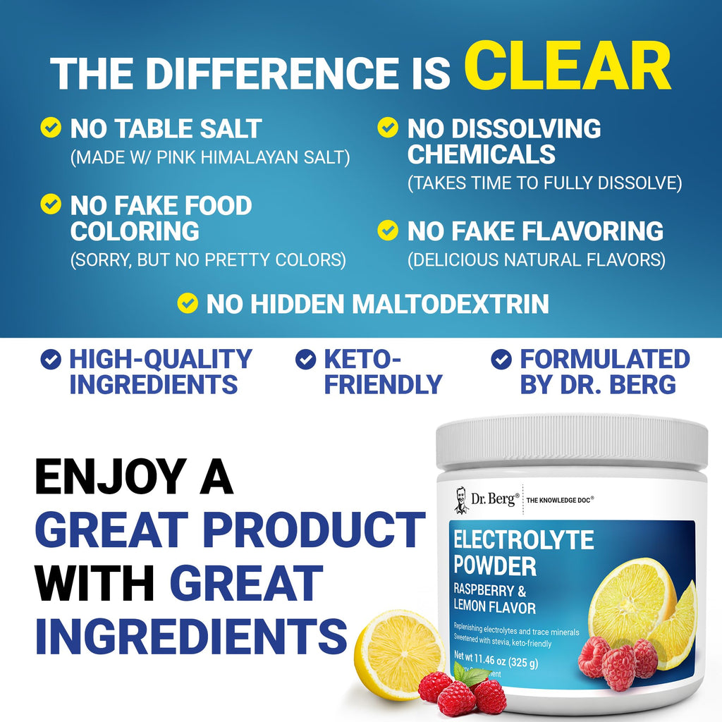 Dr. Berg Zero Sugar Hydration Keto Electrolyte Powder - Enhanced w/ 1000 mg of Potassium & Real Pink Himalayan Salt (NOT Table Salt) - Raspberry & Lemon Flavor Hydration Drink Supplement, 100 Servings