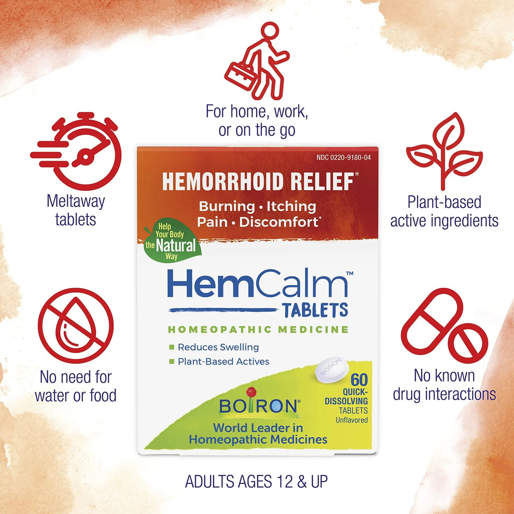 Boiron HemCalm Tablets for Hemorrhoid Relief of Pain, Itching, Swelling or Discomfort - 60 Count BoironBuy Supplements Australia