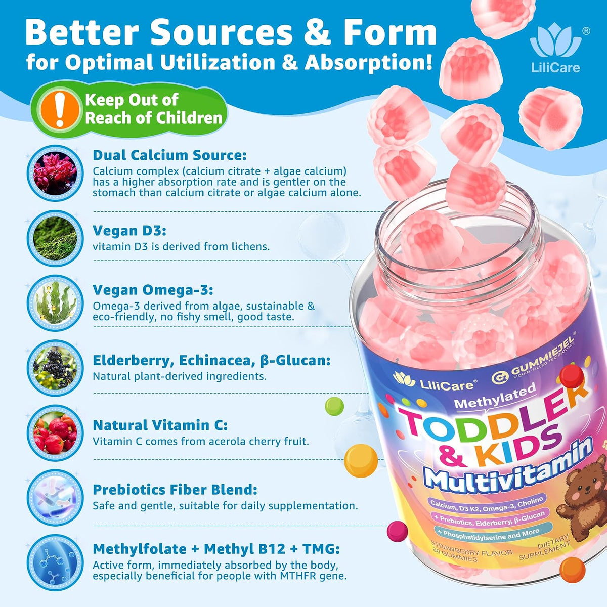 Toddler 2-3 & Kids 4+ Multivitamin Gummies w/ Iron, Omega-3, ARA, Calcium, Prebiotic, Methylated Picky Eater Vitamins for Kids 2+ Growth & Development | Vitamin C, D3 K2, B12, Methylfolate, Sugar Free
