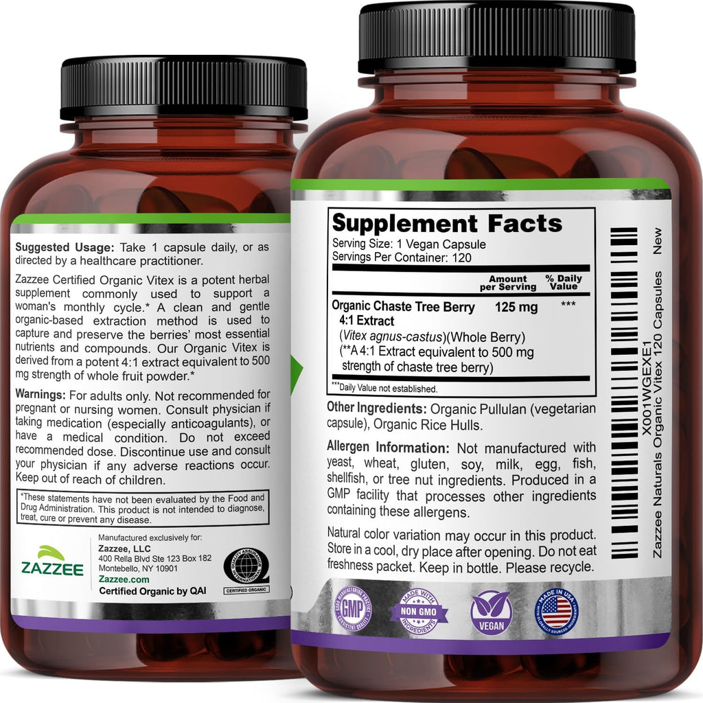 Zazzee USDA Organic Vitex 4:1 Extract, 120 Vegan Capsules, 4 Month Supply, Chaste Berry, Hormonal Balance & Cycle Support for Women, Certified Kosher, Vitex Agnus-Castus, Non-GMO, Made in the USA