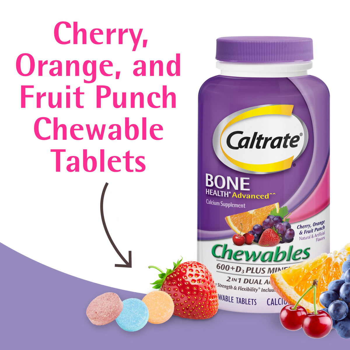 Caltrate Chewables 600 +D3 Plus Minerals Calcium and Vitamin D, Sugar Free, Cherry, Orange and Fruit Punch, 155 count